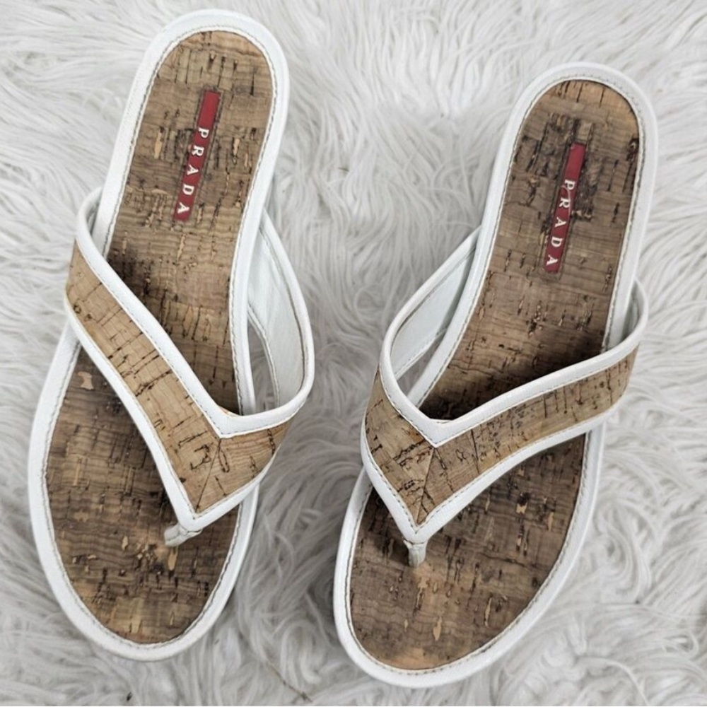 Vintage Prada Wedge 7 / 37 Cork White Flip Flop Thong Sandals
